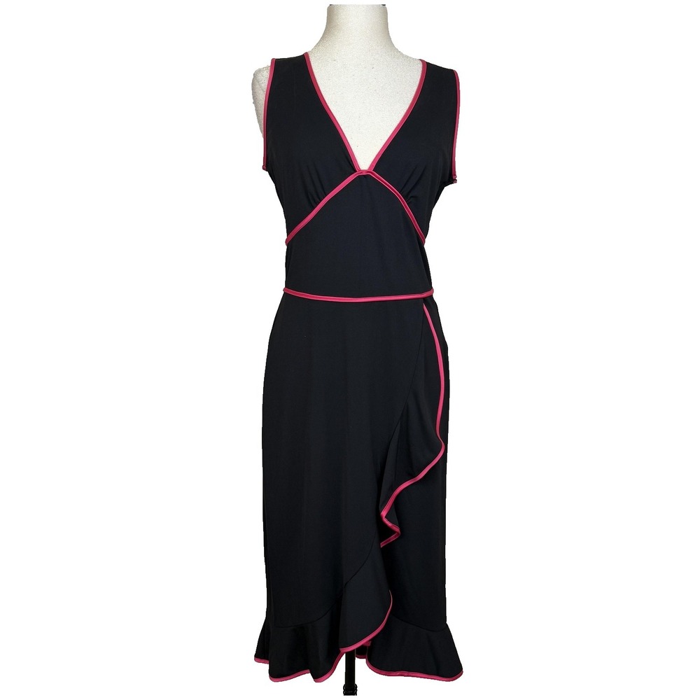 Vtg Niki Livas Dress Women 14 Black Pink Jersey Wrap Ruffle Whimsigoth HOCO Vamp